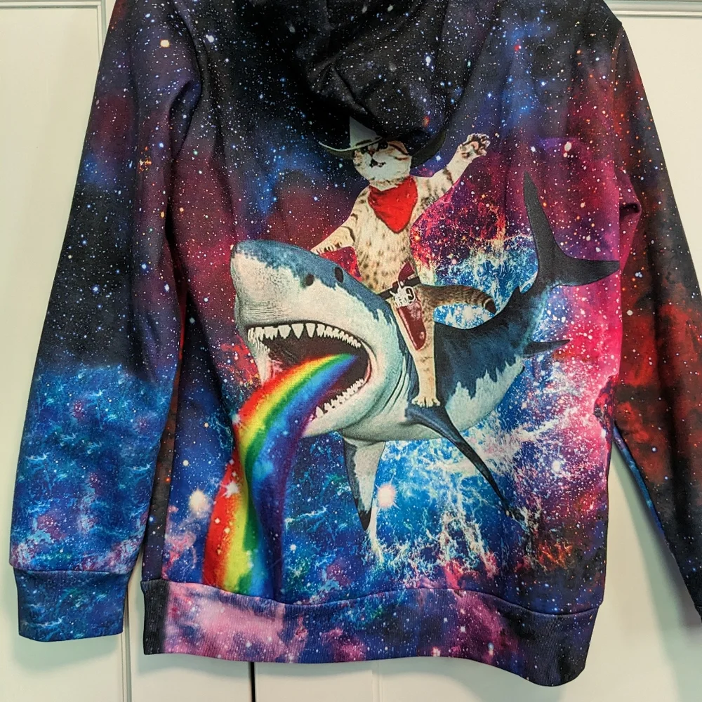 UNICOMIDEA Hoodie Pullover Cat & Shark In Space Purple Xxl